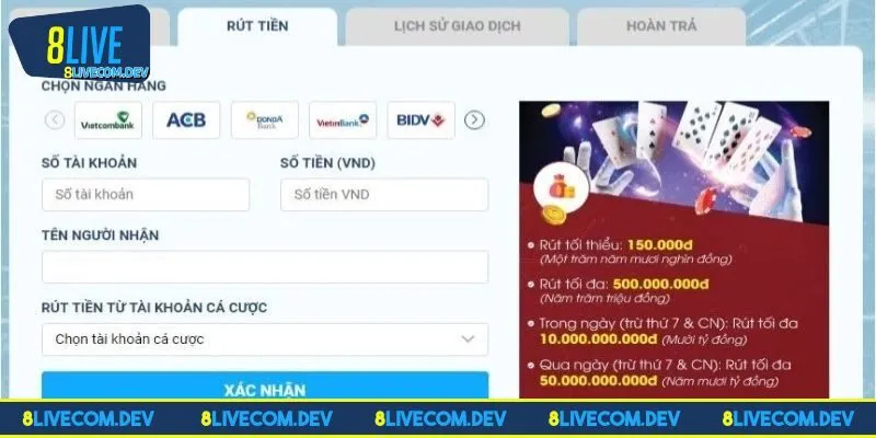 Tham khảo quy trình rút tiền 8LIVE nhanh gọn lẹ